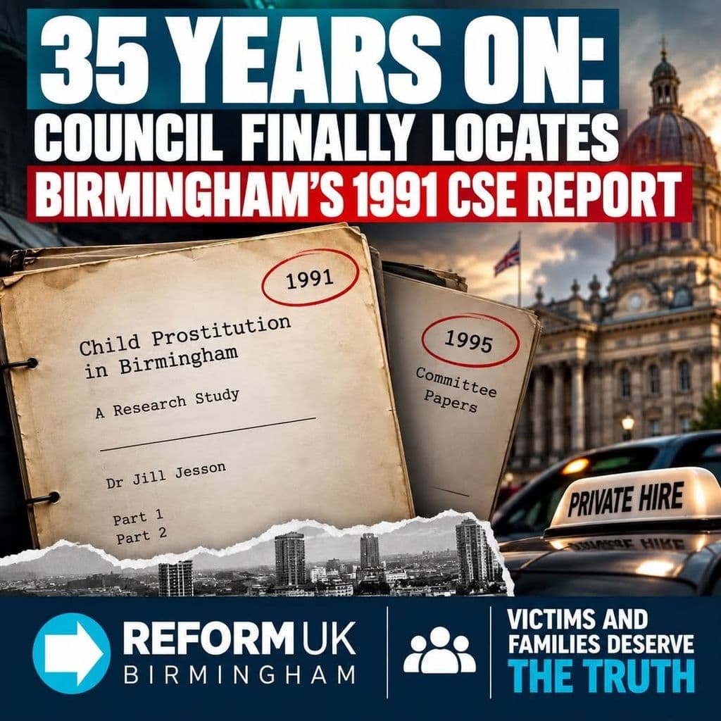 35 years on: Council finally locates Birmingham’s 1991 CSE report — Reform UK Birmingham graphic