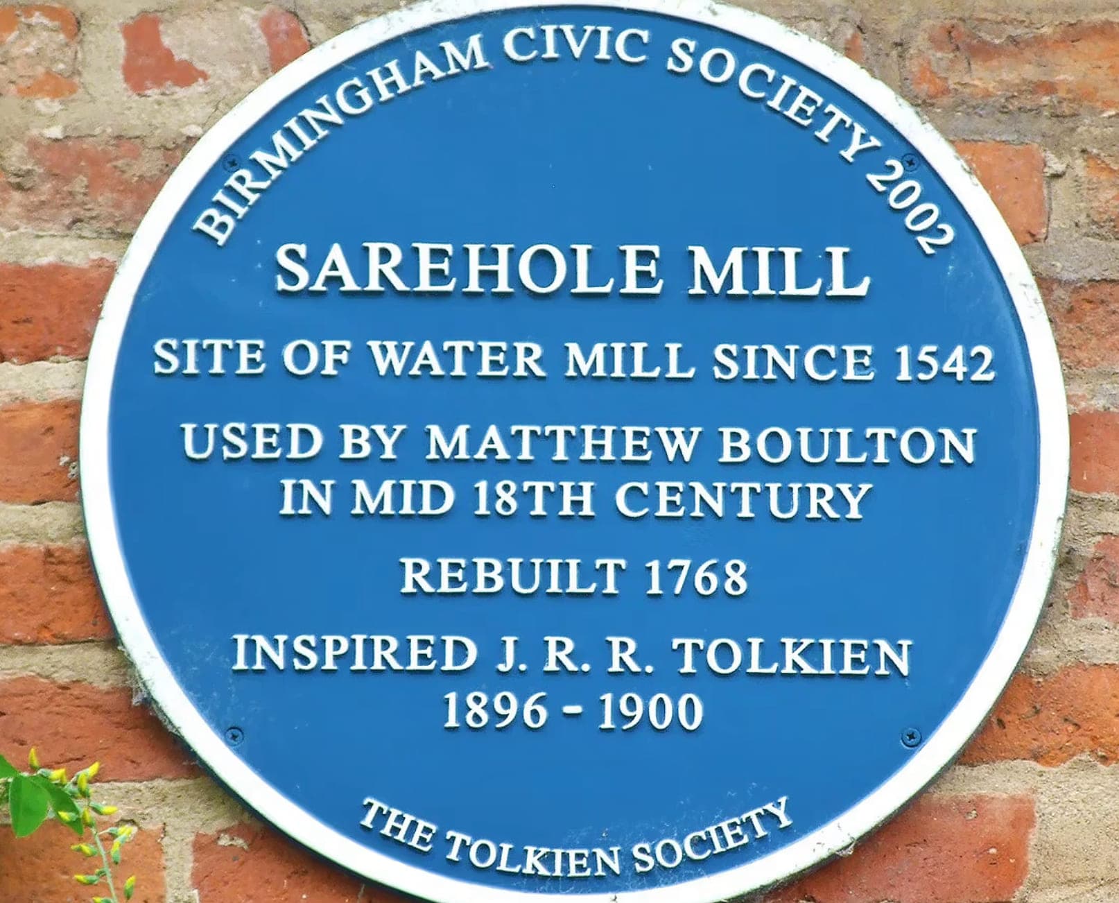 Blue plaque at Sarehole Mill recording that it inspired J. R. R. Tolkien