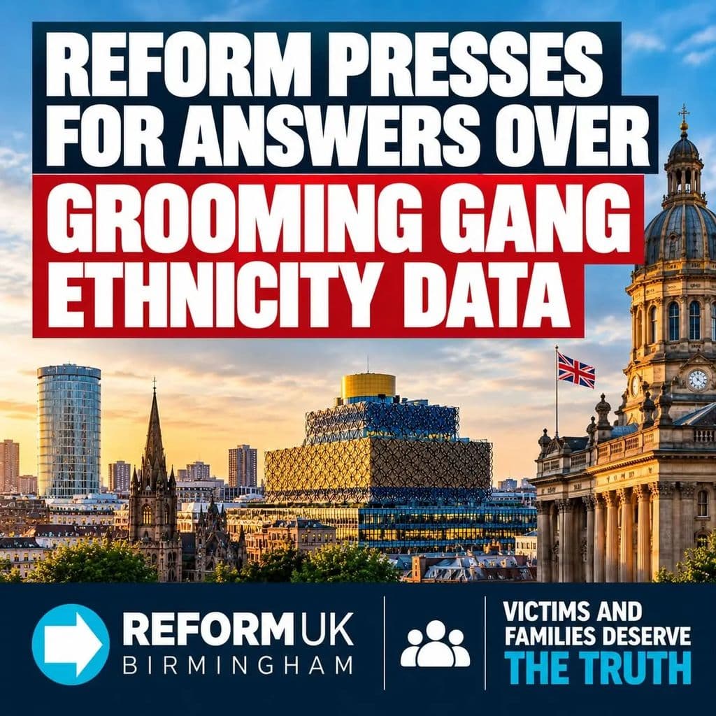 Reform presses for answers over grooming gang ethnicity data — Reform UK Birmingham graphic